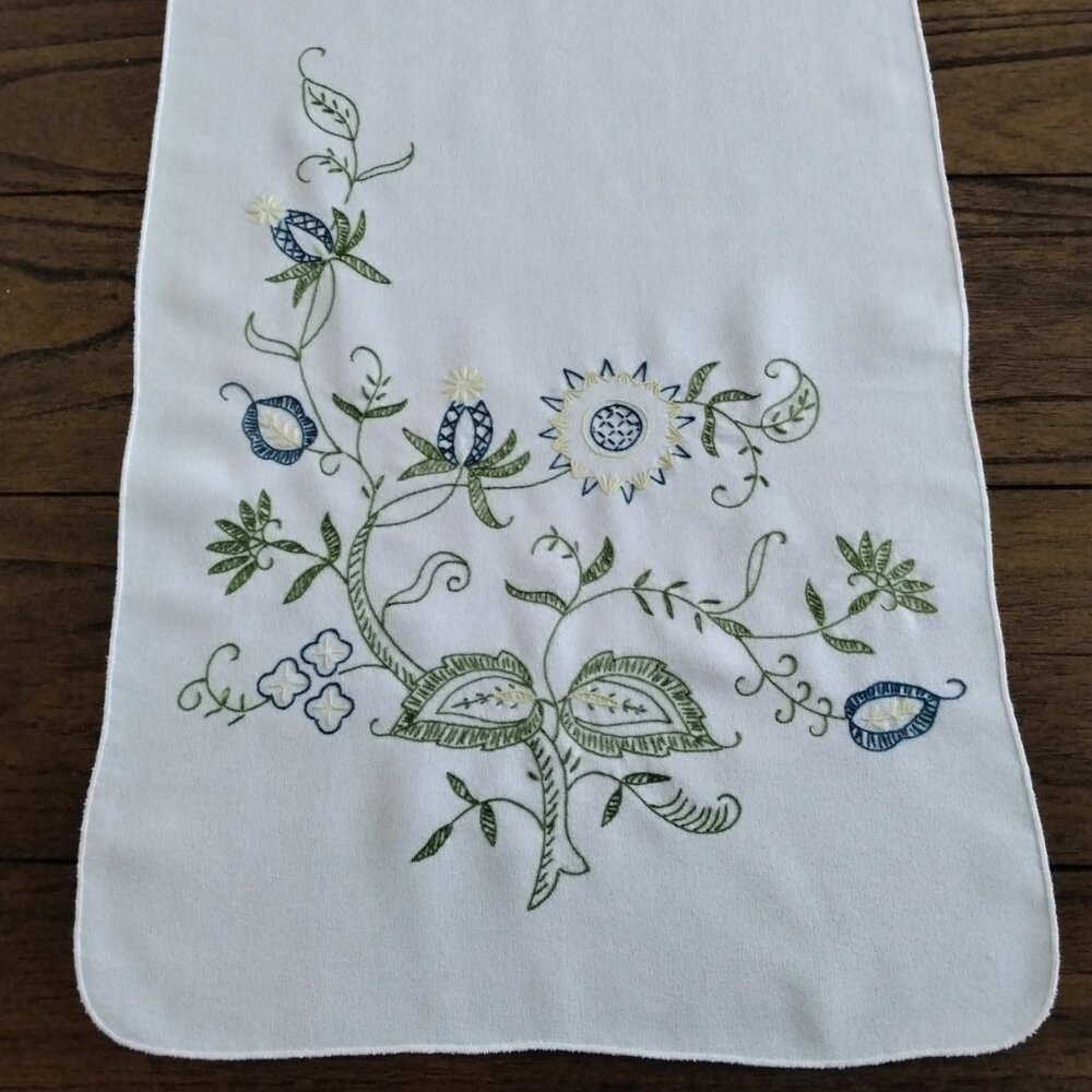 Retro Table Runner Hand Embroidered White with Blue & Green Vines Pattern